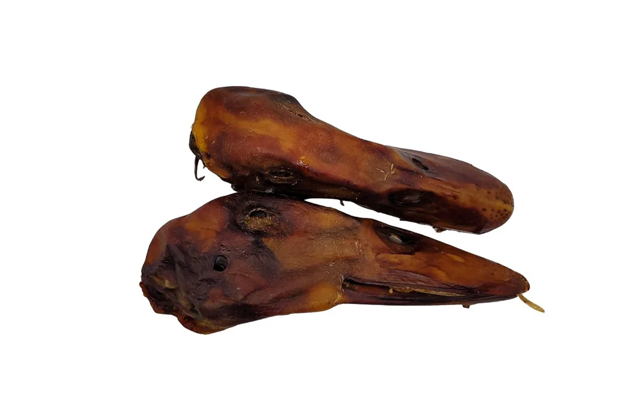 Two smoked poultry heads on white