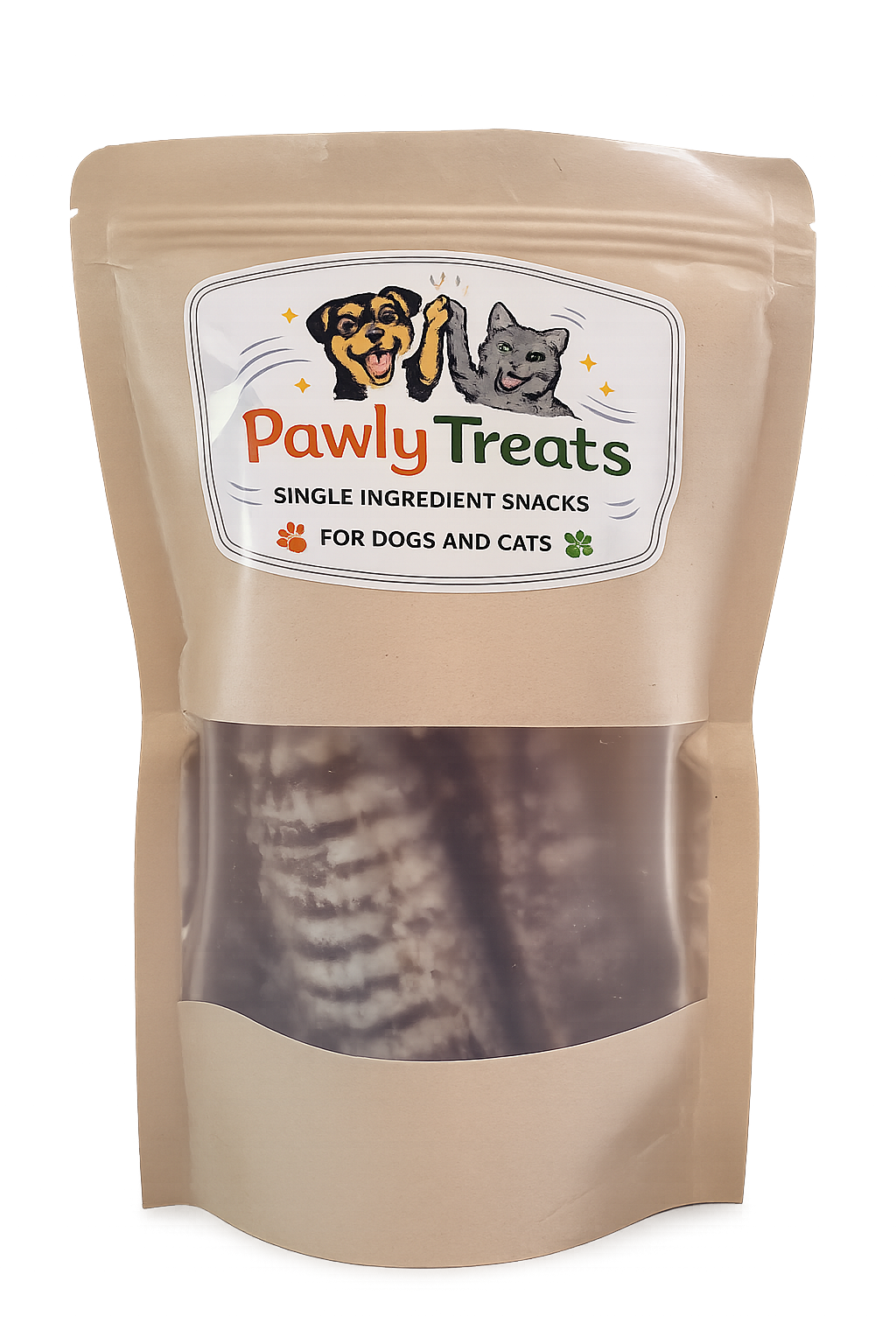 Beige pouch of Pawly Treats pet snacks