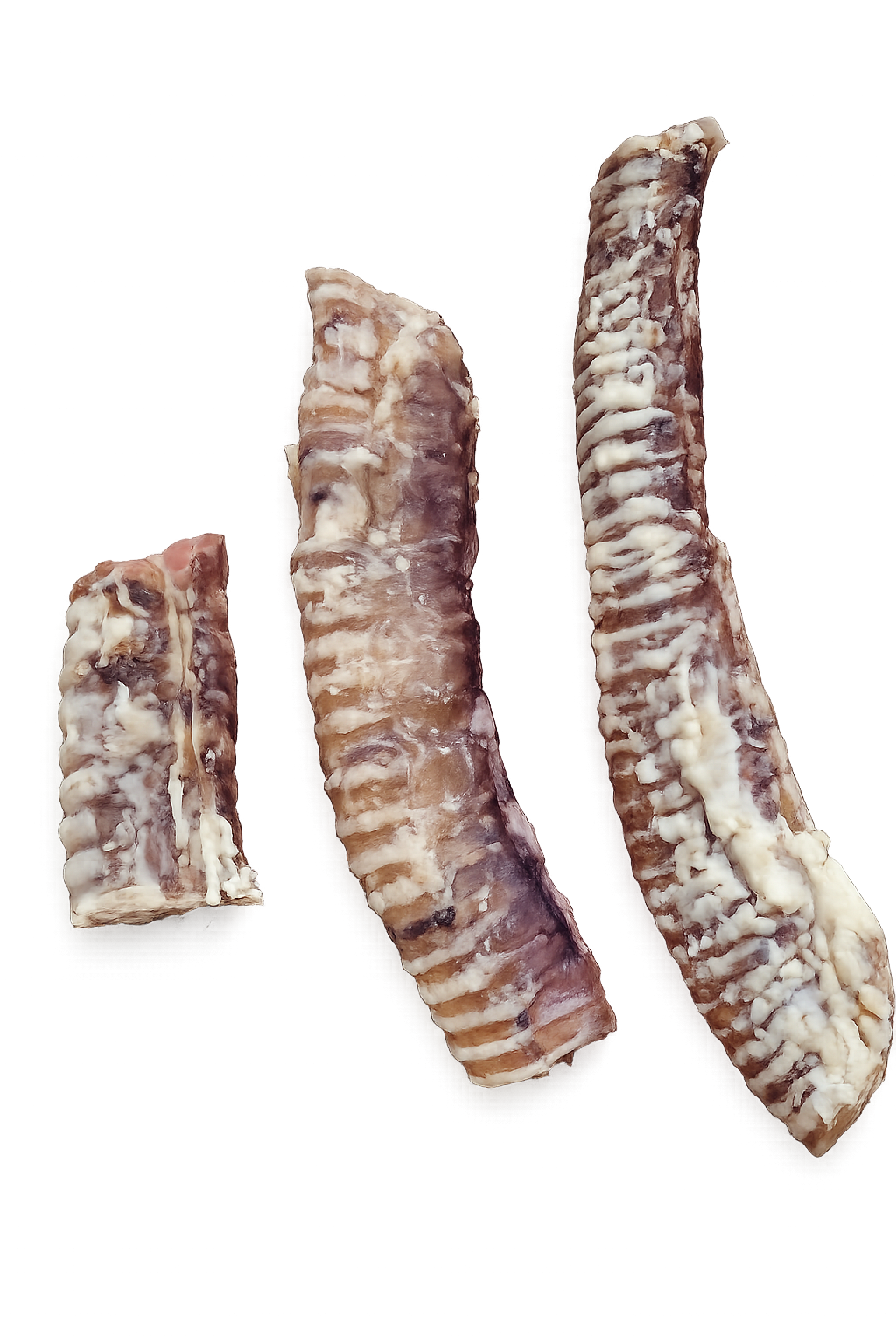 Three dried meat strips on black background