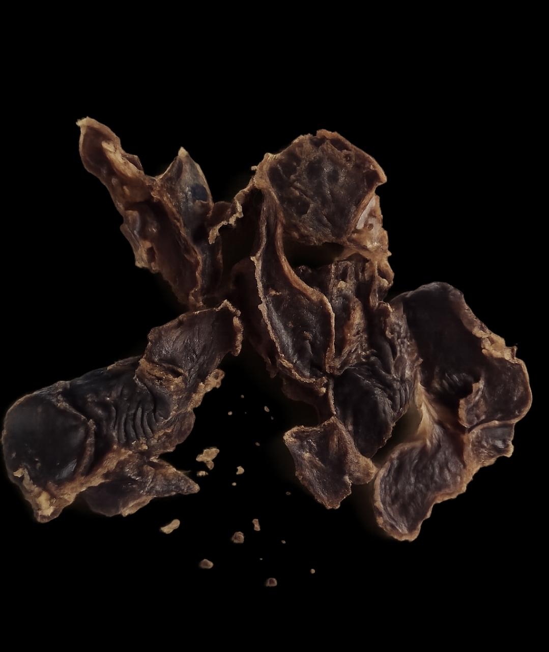 Broken chocolate bark pieces with crumbs